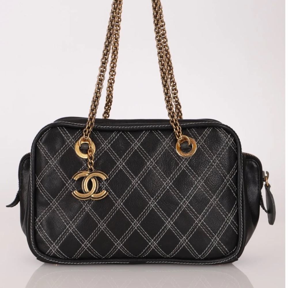 Chanel Black calfskin and bijoux Gold hardware white stitch  Shoulder Bag